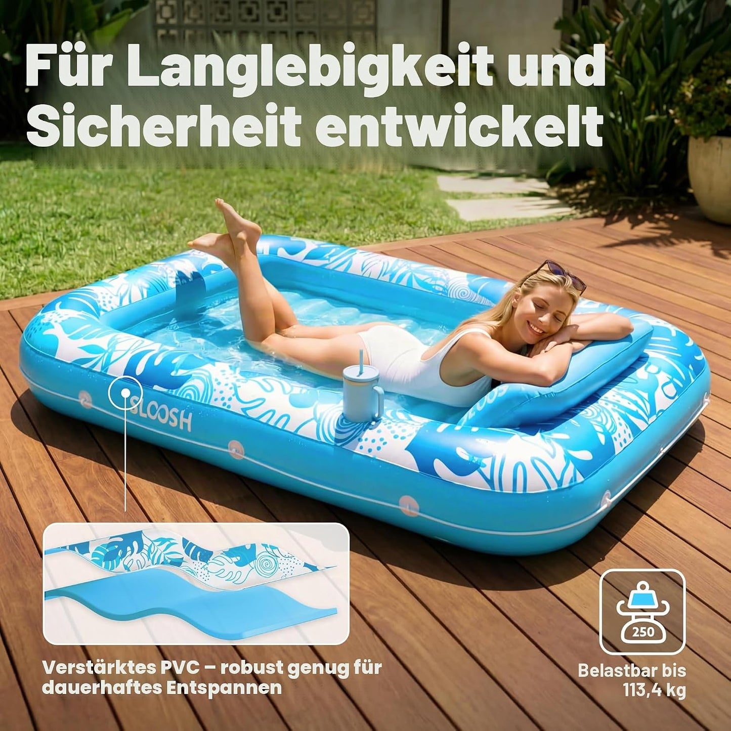Aufblasbarer 4-in-1 Sonnenliegepool mit Kissen und Getränkehalter, Blau L