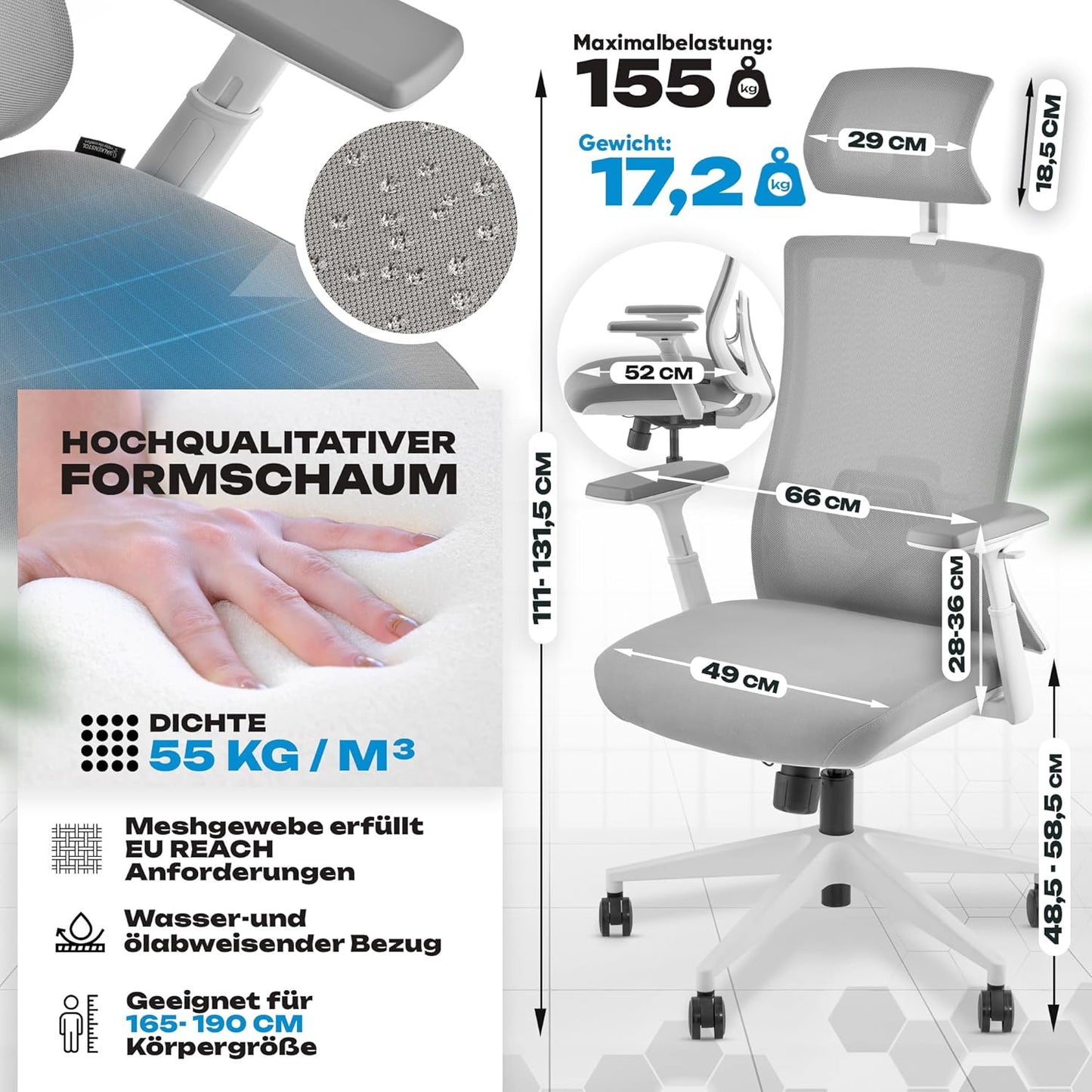 Ergonomischer Bürostuhl M3 Pro, Grau M3 Pro