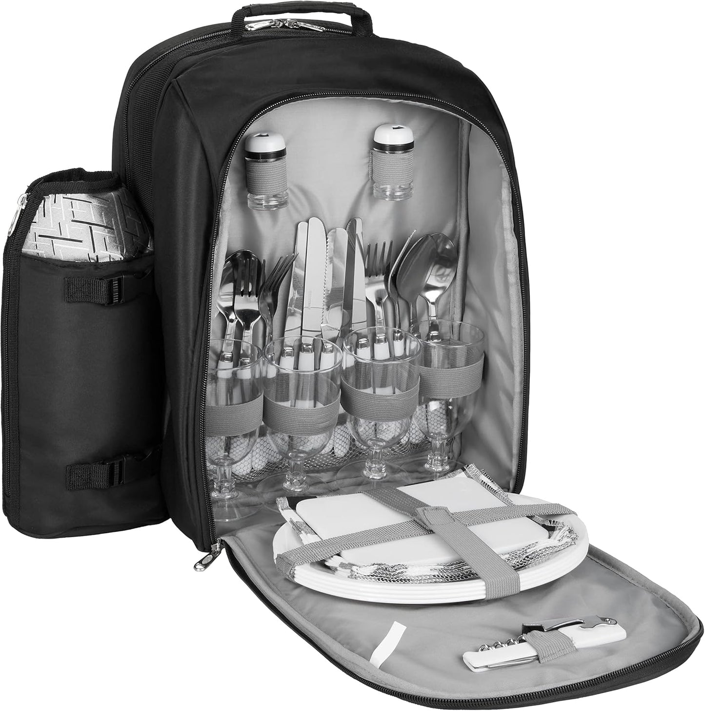 Picknickrucksack für 4 Personen inkl. Kühlfach + Iso-Flaschenhalter, Schwarz Silber - 4 Personen