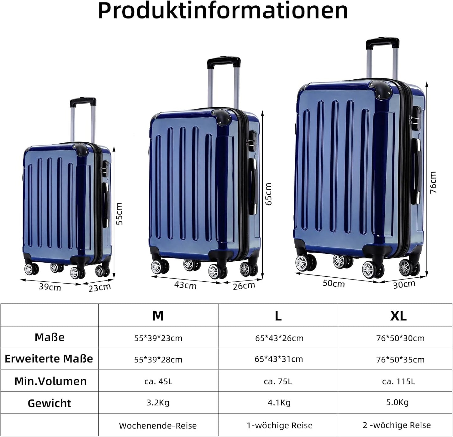 3-teiliges Reisekoffer-Set, Blau Set