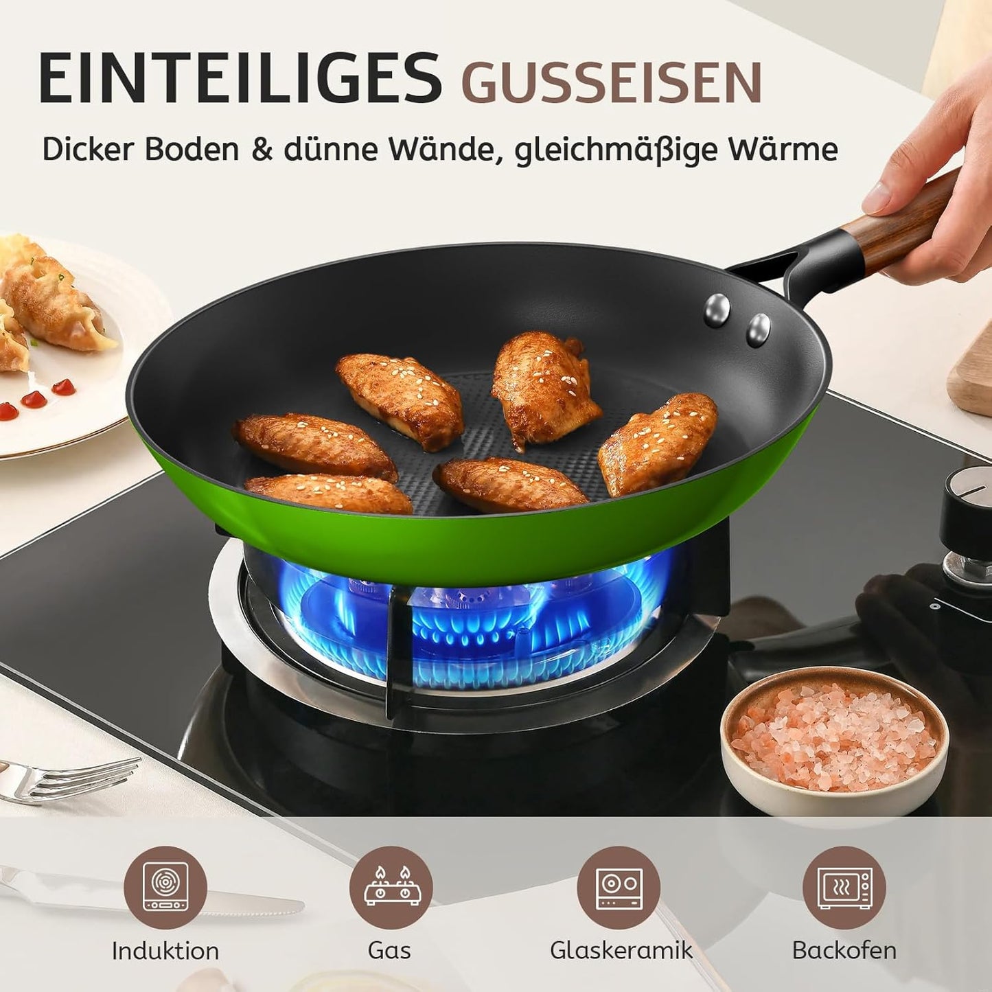 Gusseisenpfanne 20 cm vorgewürzt, Antihaft, Induktion geeignet, Grün 20 cm