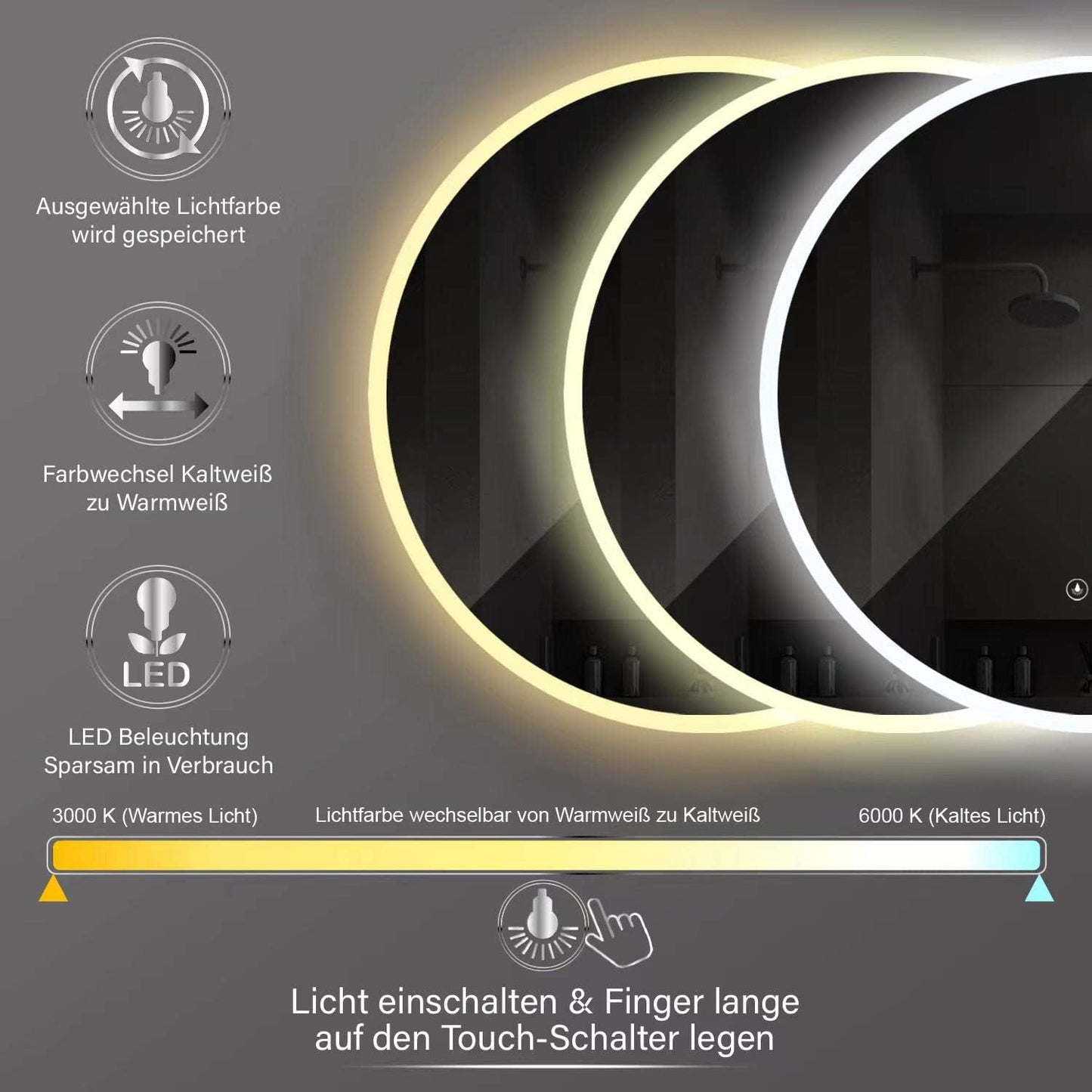LED-Spiegel, 60 cm, rund, 60cm Rund mit Antibeschlag
