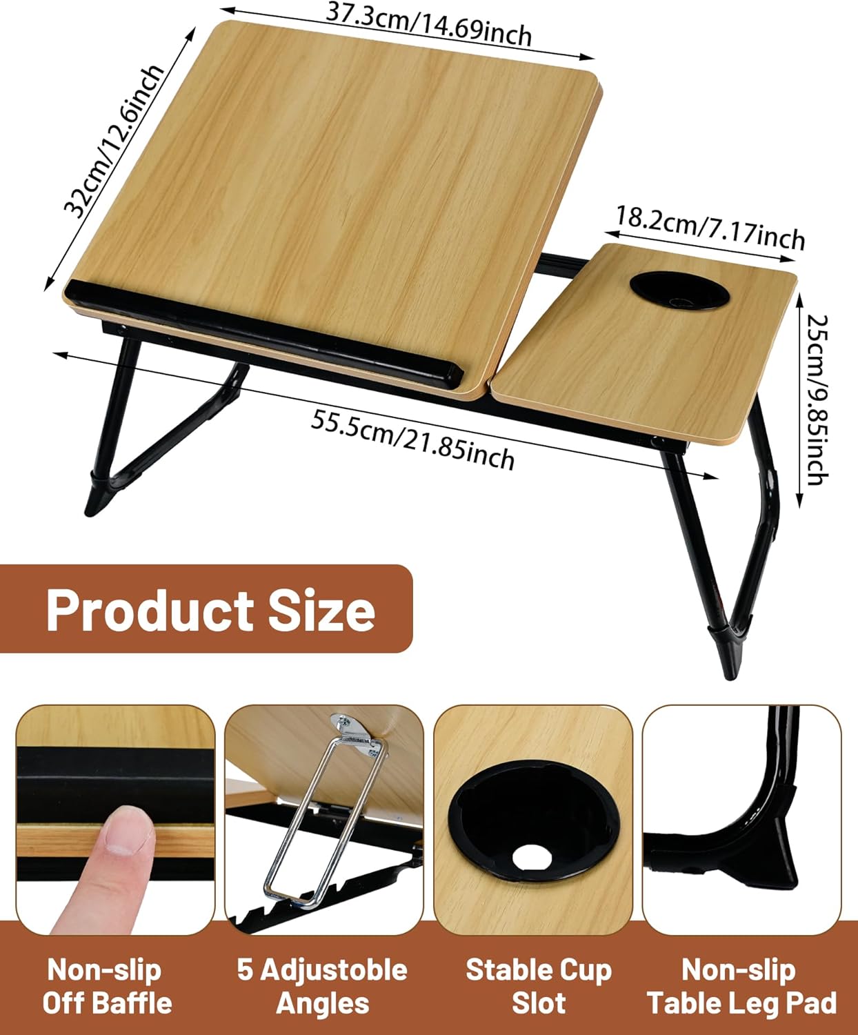 Verstellbarer Laptoptisch mit Getränkehalter, Holzfarbe