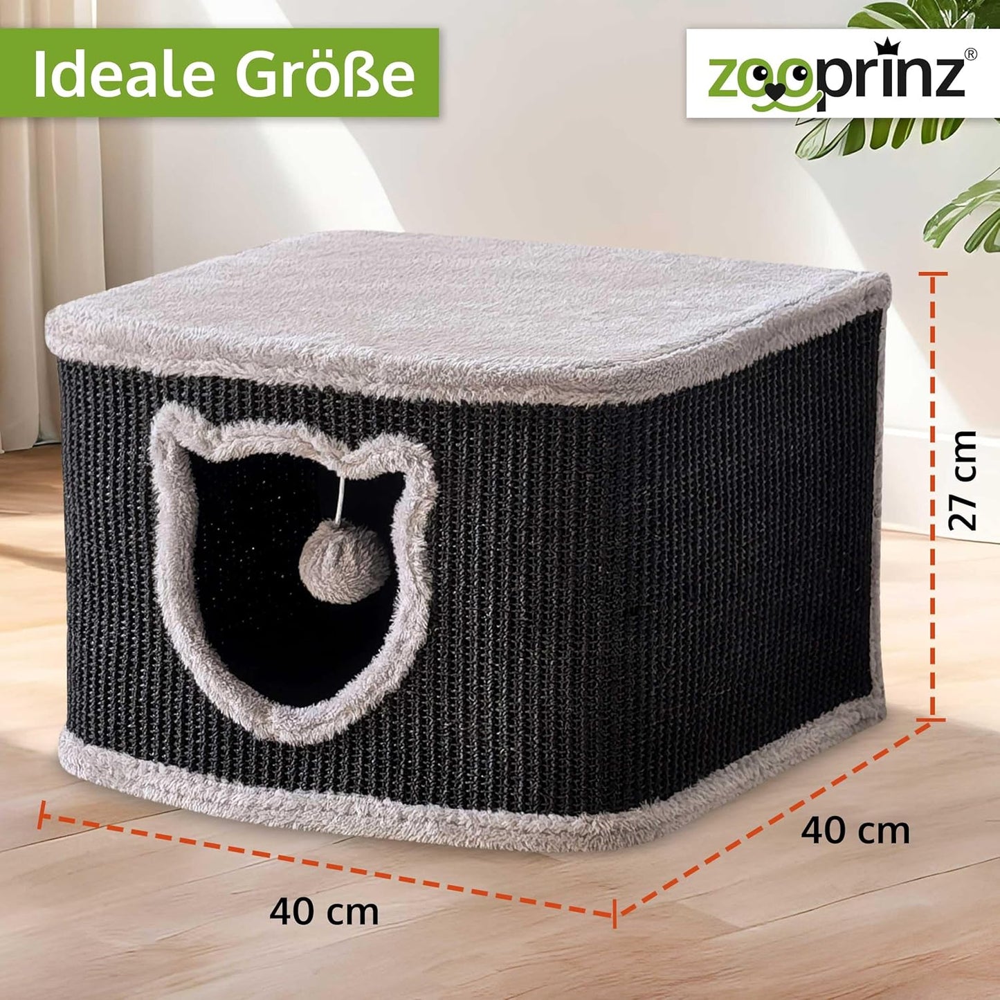 Premium Katzenhaus mit Sisalwänden und Plüsch, Schwarz