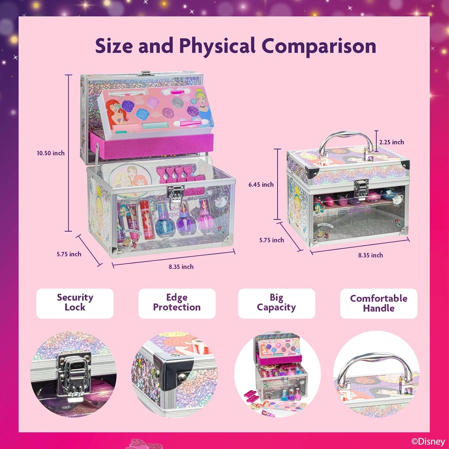 Disney Princess Schminkset mit Schönheitskoffer für Kinder, Neon Blau Glitzer, Rosa Glitzer Violett