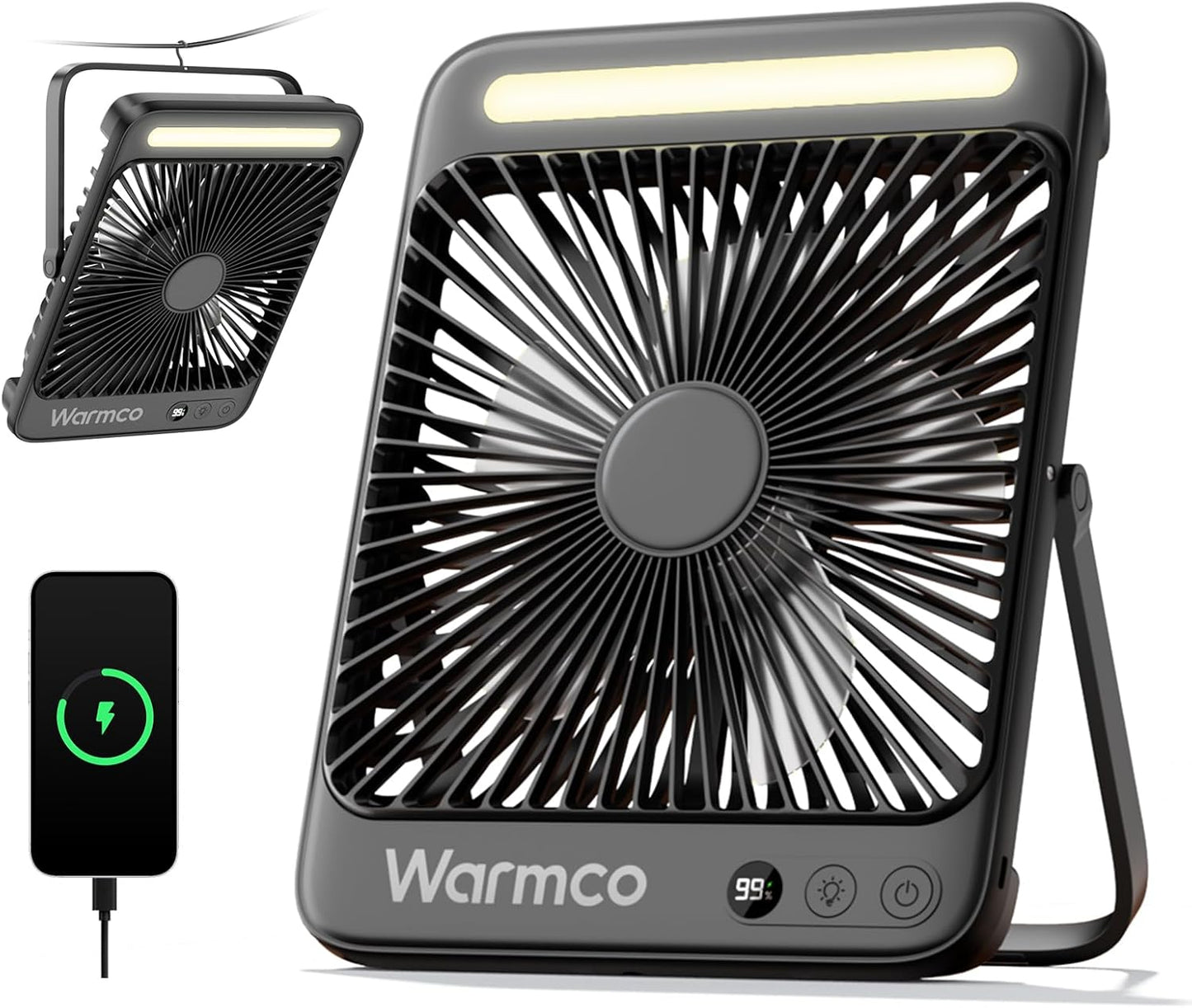 Tragbarer Campingventilator mit LED-Licht, Schwarz