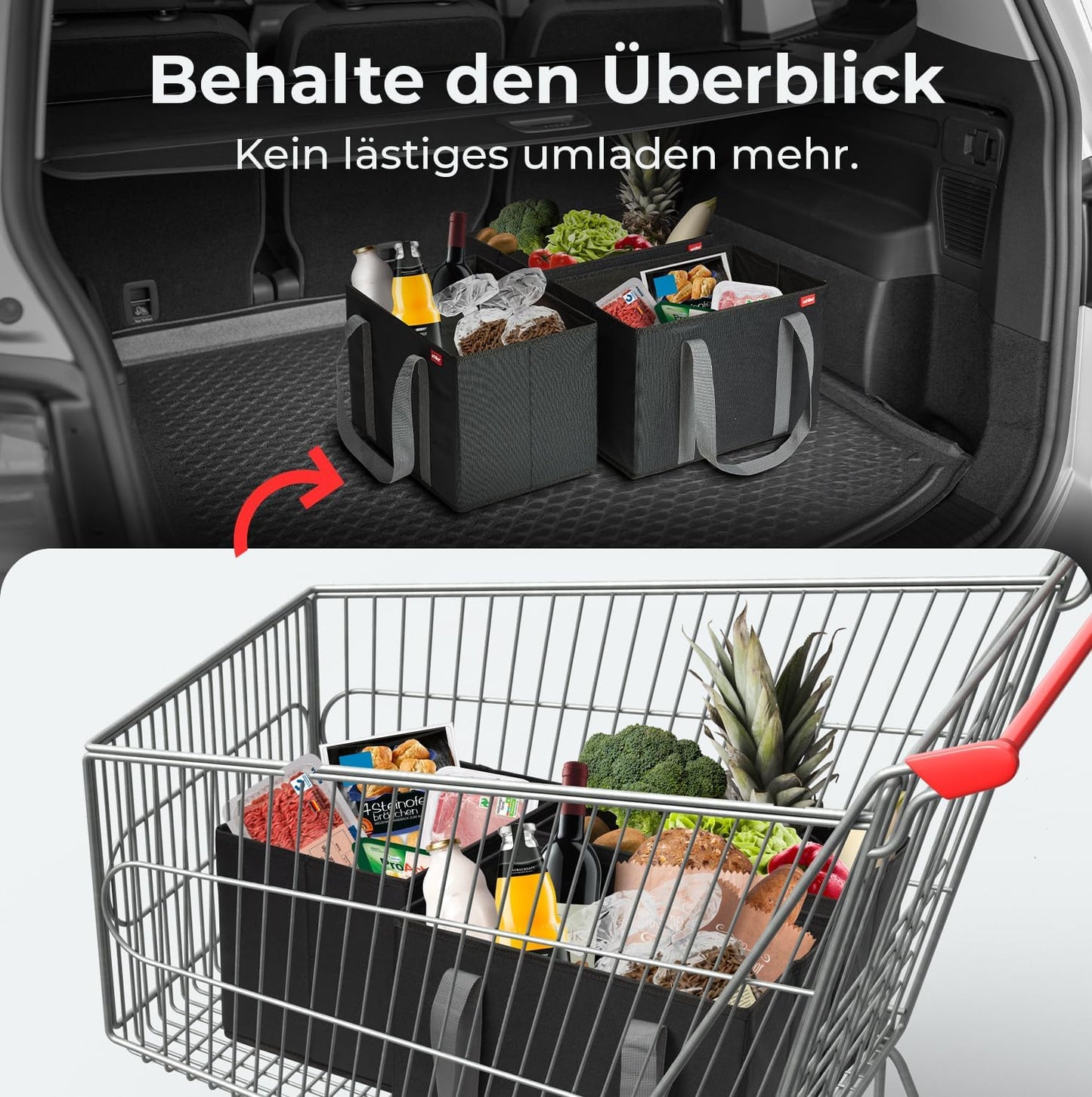Einkaufskorb-Set (3er) für Kofferraum und Aufbewahrung, Schwarz