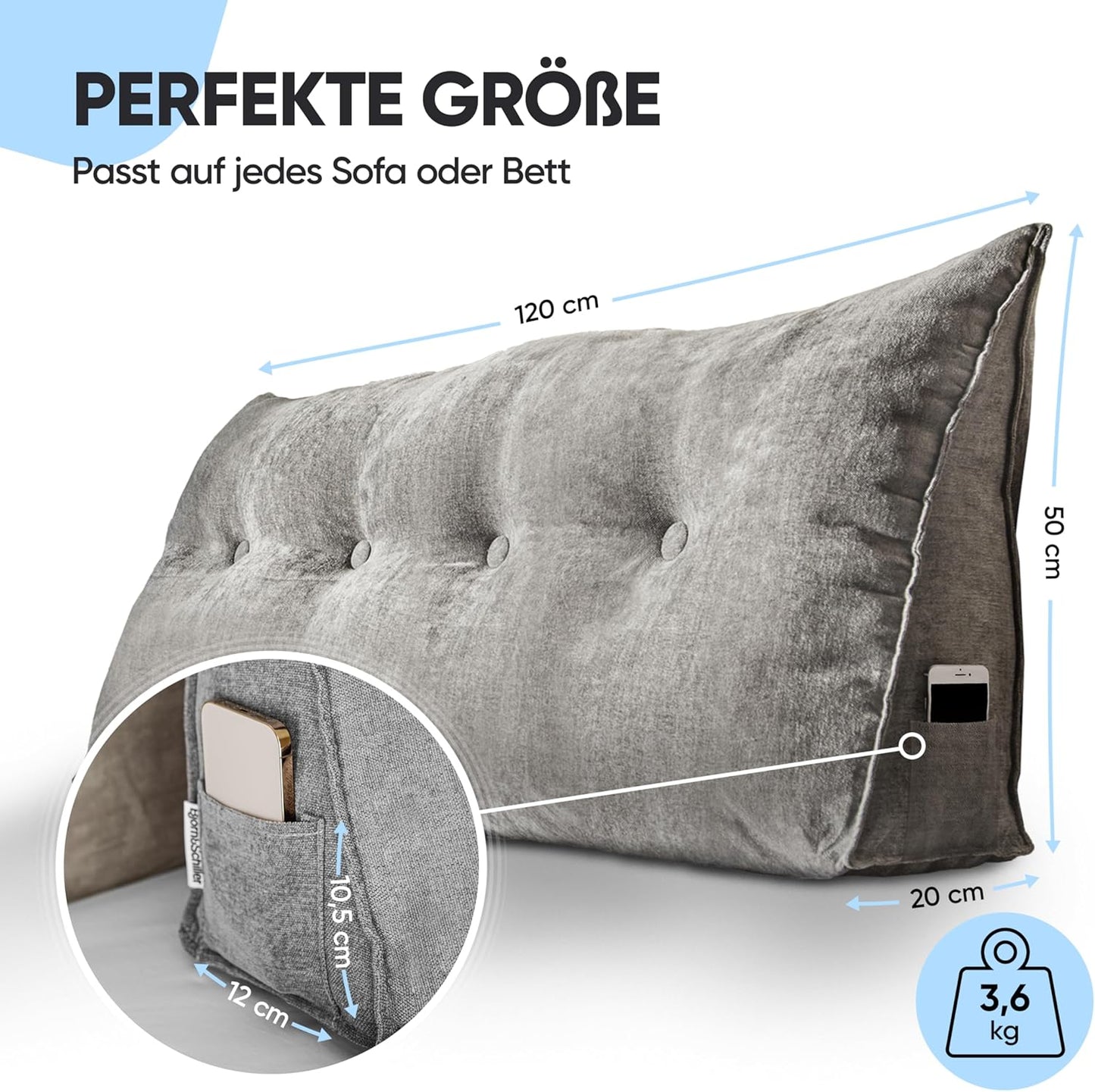 Rückenkissen Lesekissen für Bett und Sofa (120 cm), Grau120 Cm