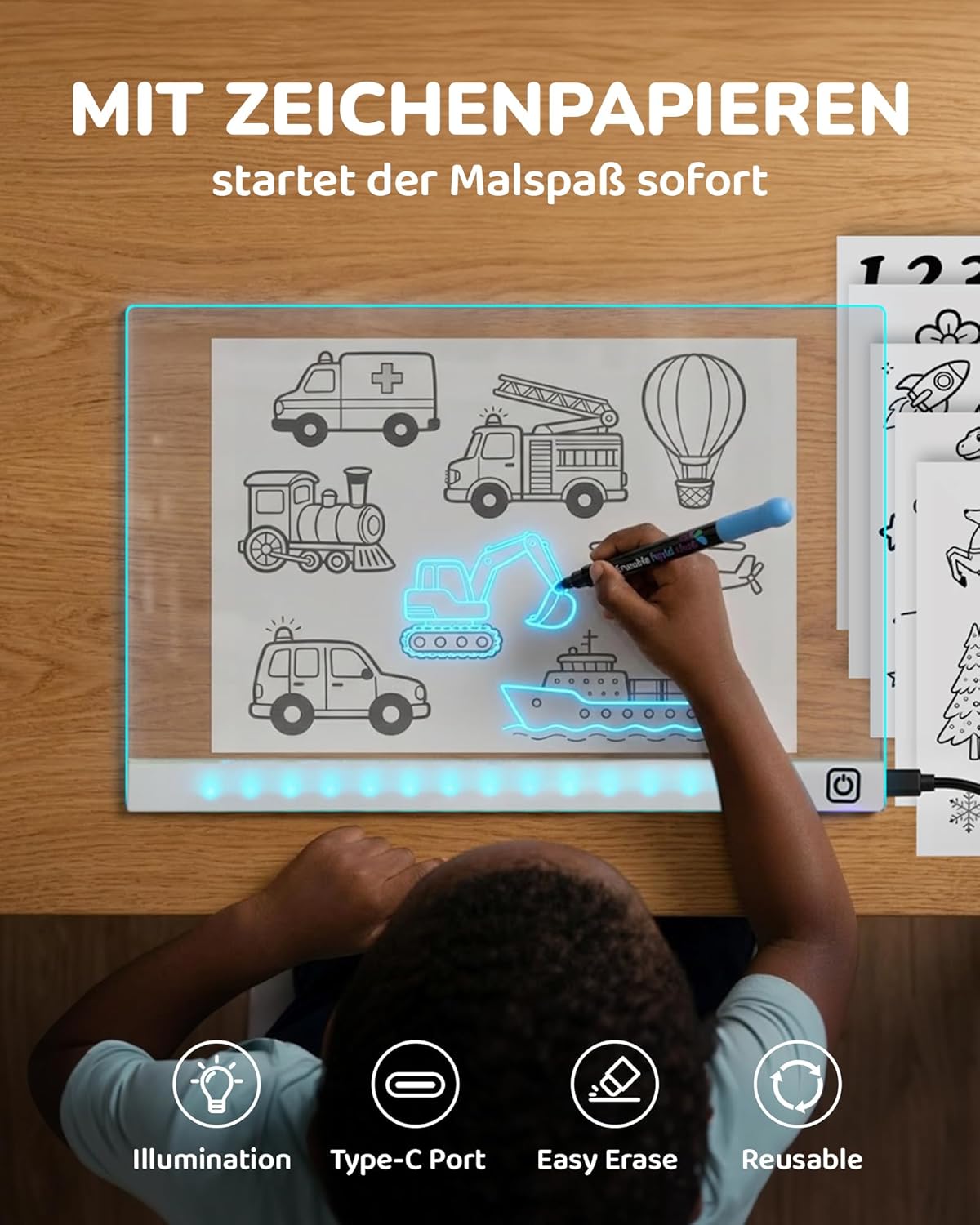 LED-Zeichentafel für Kinder mit 7 Stiften, Weiss 16 Zoll