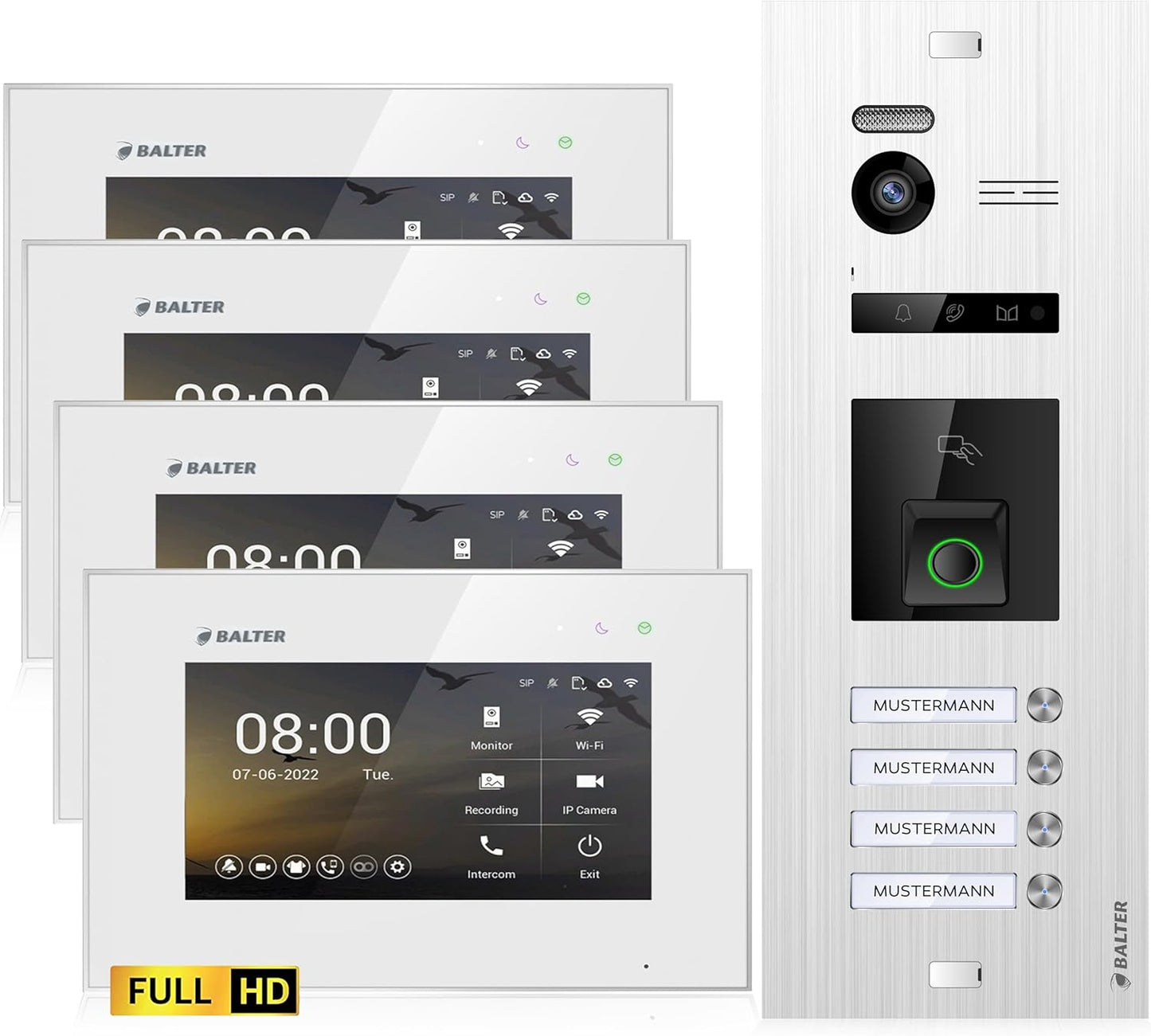 Video Türsprechanlage mit Fingerprint und 4 Monitoren, 4 Monitore, Ohne App A. Silber/Weiß