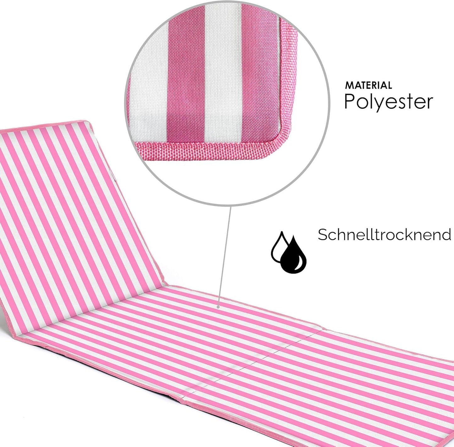 Faltbare Strandmatte mit klappbarer Rückenlehne , Reissverschlusstasche und Schultergurt, Rosa Gestreift