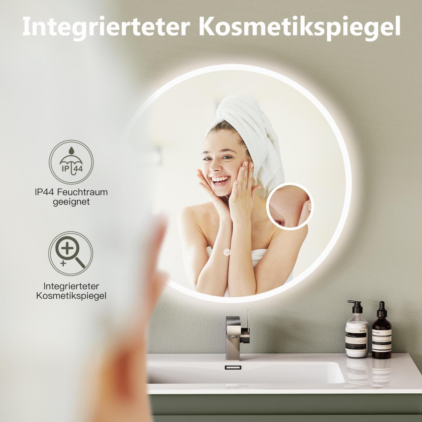 Runder LED-Badspiegel mit Kosmetikspiegel (80 cm), 80L x 80B cm Rund mit Kosmetikspiegel