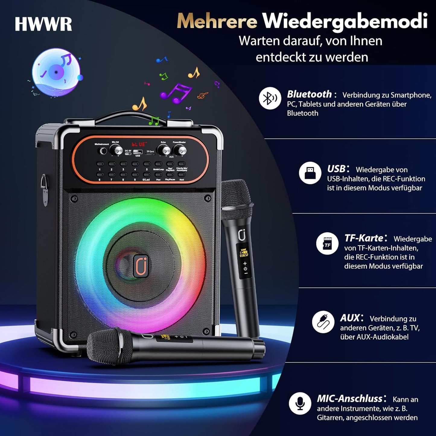 Kabellose Karaoke Maschine mit 2 Mikrofonen, Schwarz-S68