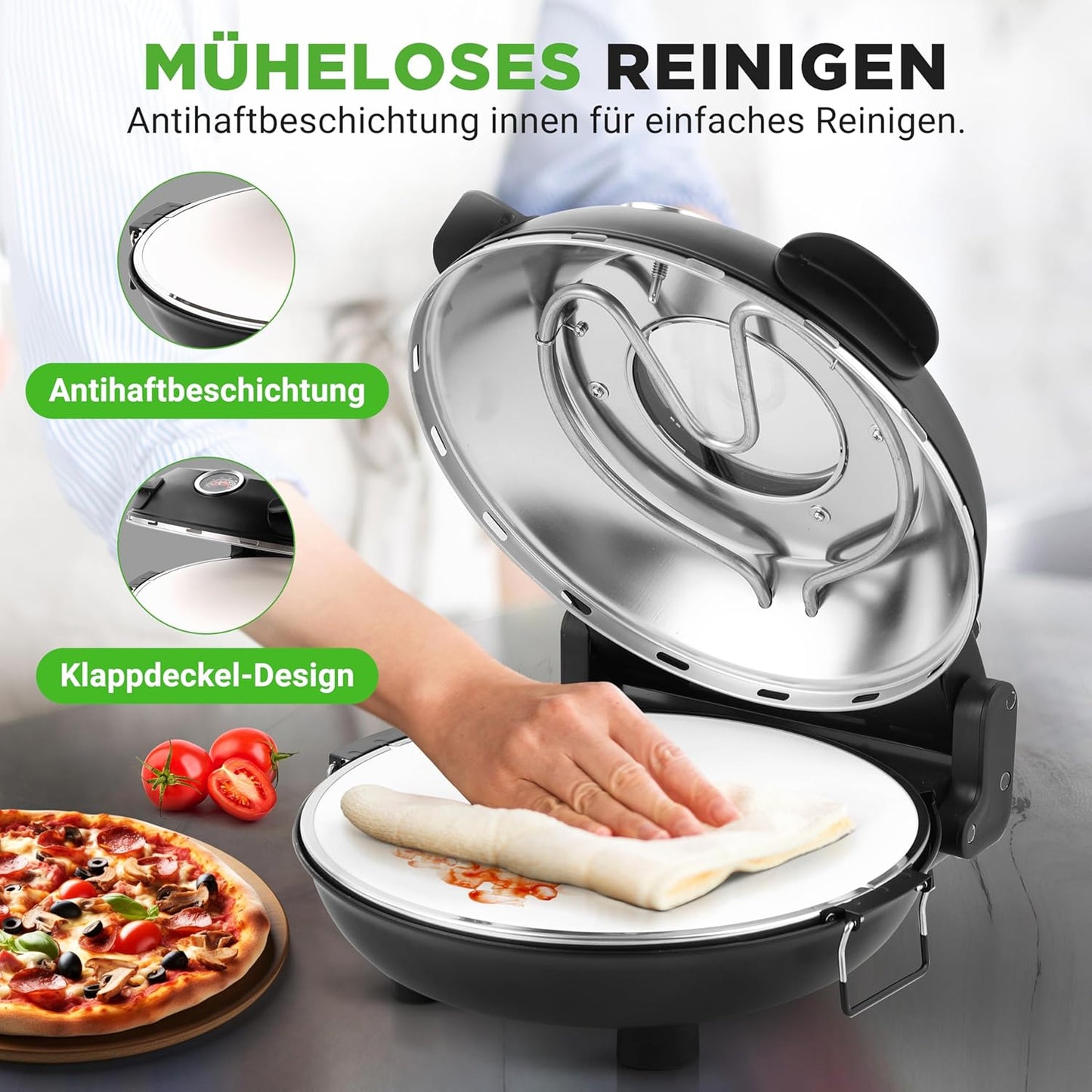 Elektrischer Pizzaofen mit Stein (30 cm, bis 426°C), Black