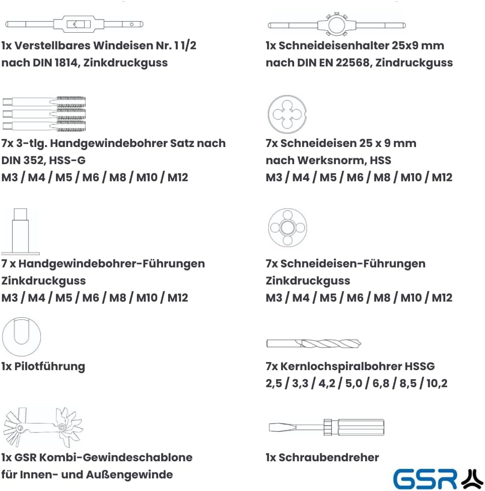 54-teiliges Gewindeschneid-Sortiment M3-M12 HSS