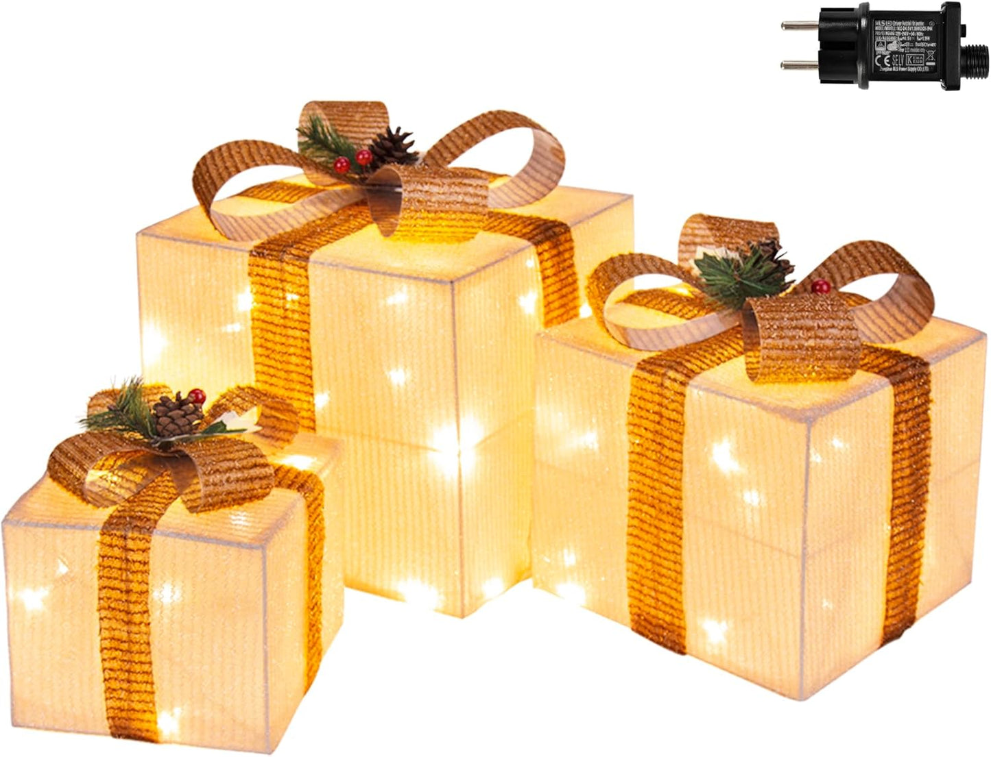 3er-Set LED-Weihnachts-Geschenkboxen, Golden