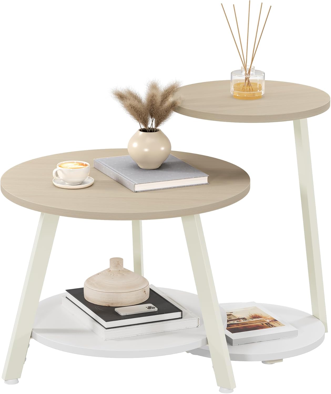 Runder Couchtisch Set mit Stauraum, 2er-Set, Eiche