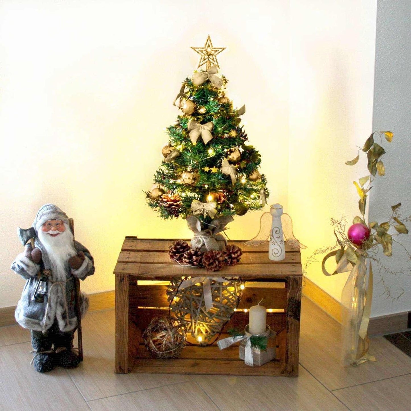 Künstlicher Weihnachtsbaum mit LED-Lichterkette, 75 cm / Grün-gold-braun+warmweiss