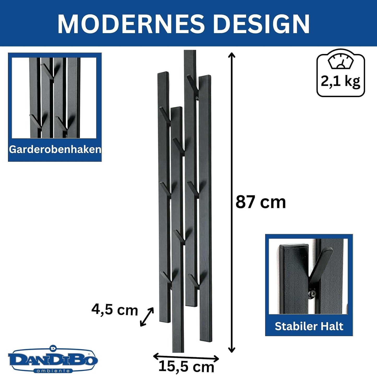Wandgarderobe mit 8 Haken
