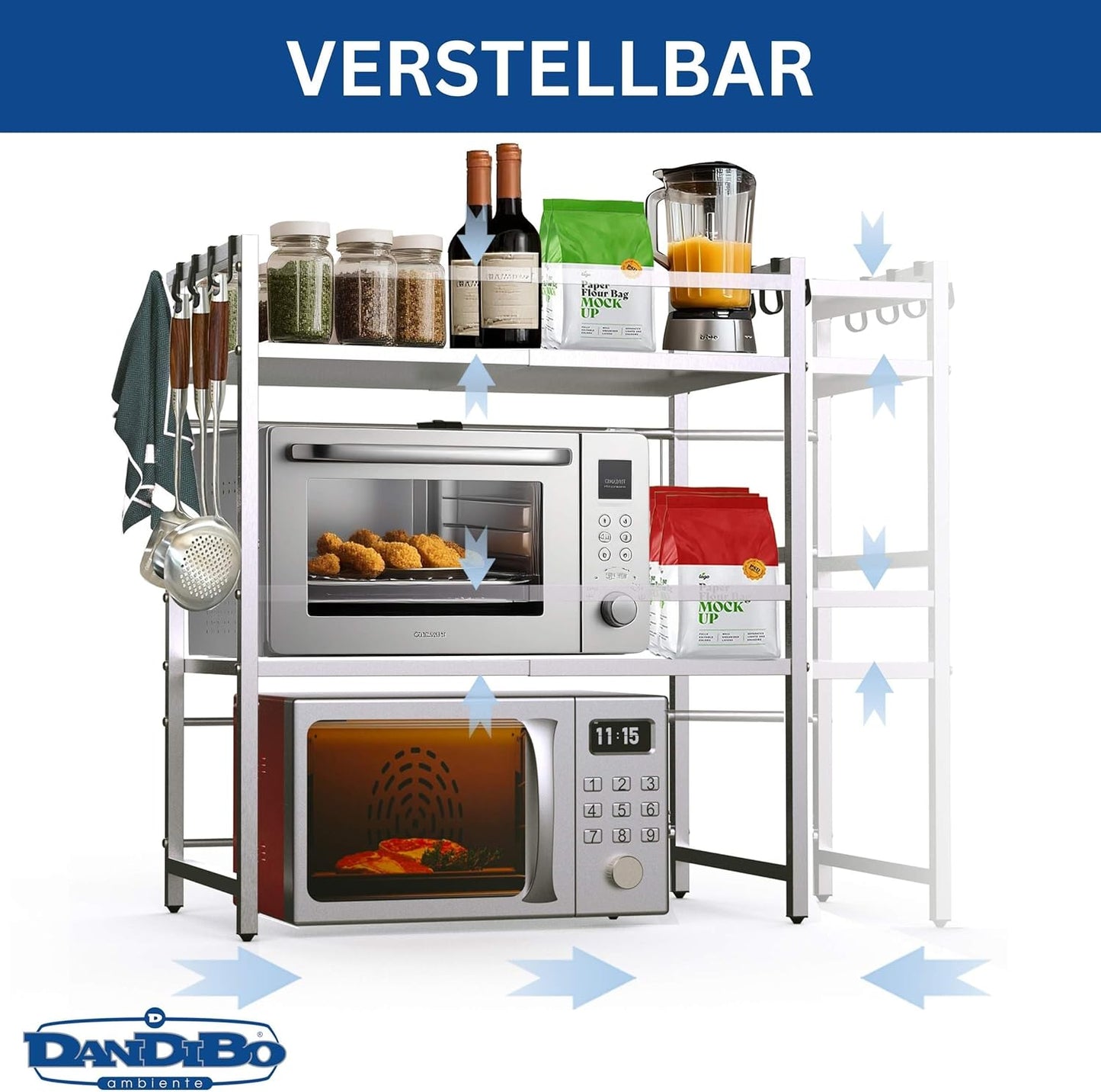 Verstellbares Mikrowellenregal, 3-stufig, Silber/Edelstahl 3 Stufig / Höhe 78 cm