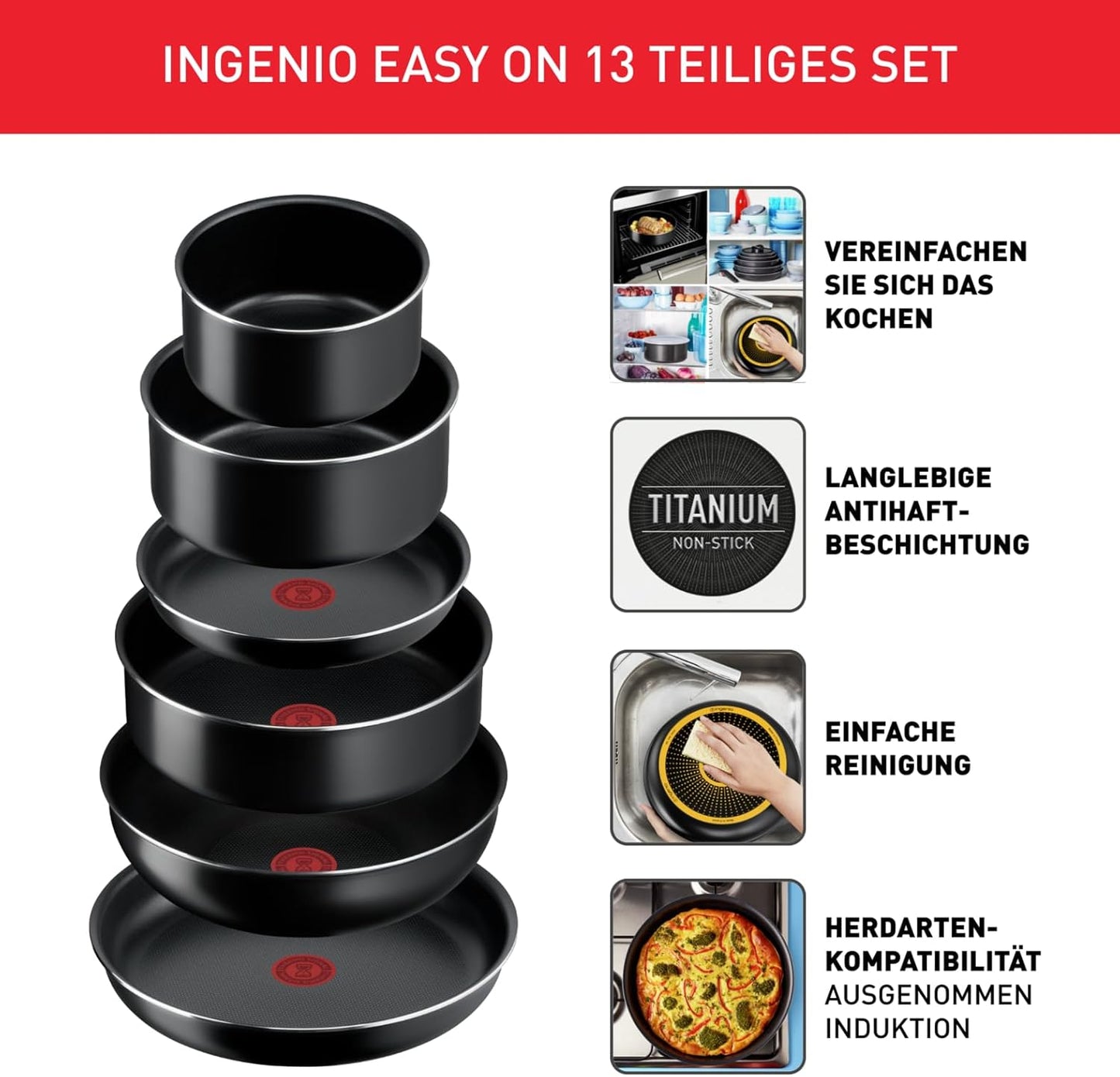 13-teiliges Ingenio Easy On Topf- und Pfannenset mit abnehmbarem Griff, 13-tlg. Kochgeschirr-Set