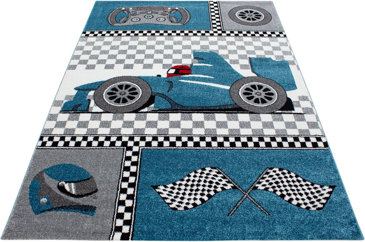 Kinderteppich mit Rennwagen-Muster (120 cm, rund), 120 cm (Rund) Blau-1