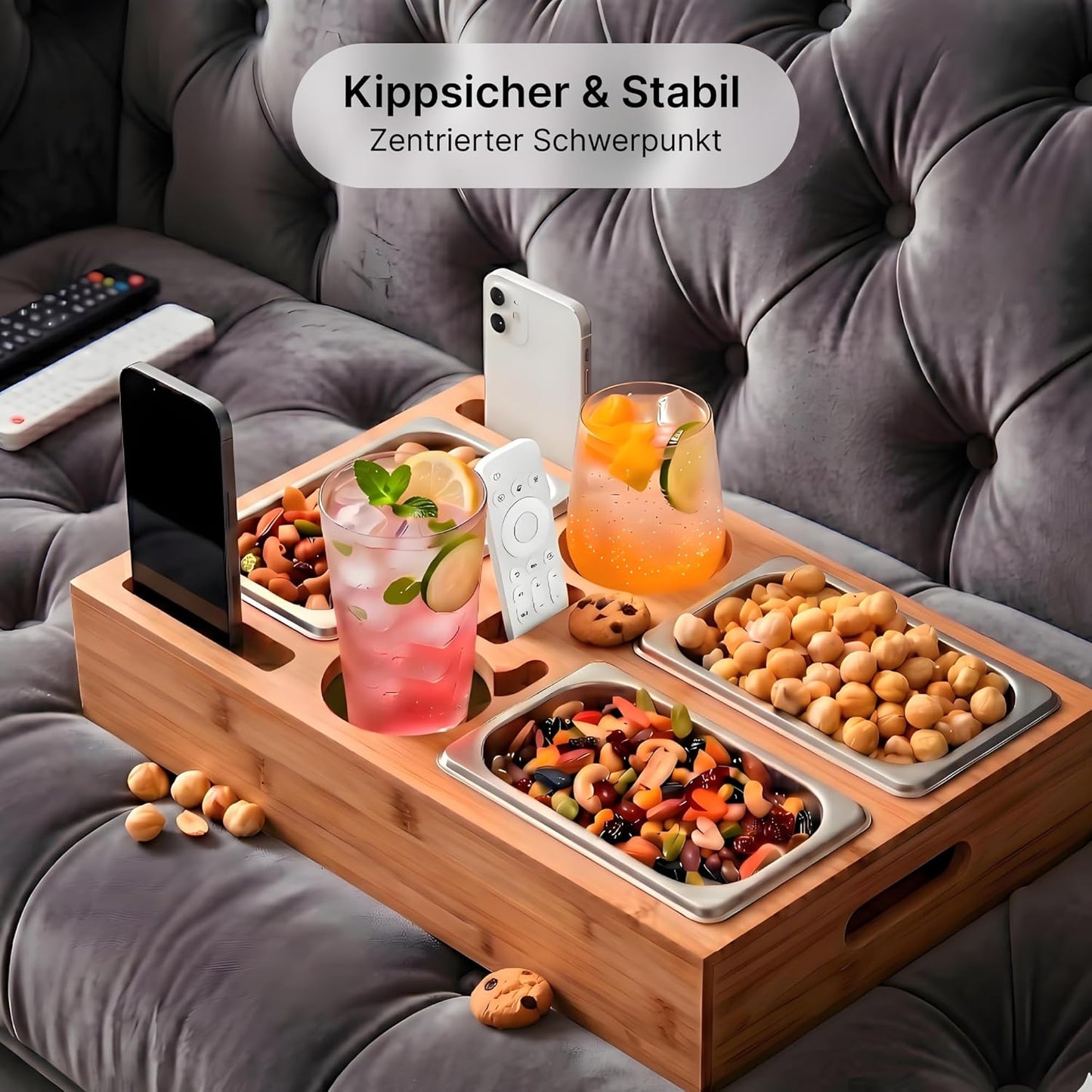 Snackbox-Sofa-Tablett mit Wein- und Snackhaltern, Bambus 40 x 26 x 8 cm mit 3 Edelstahl-Schalen