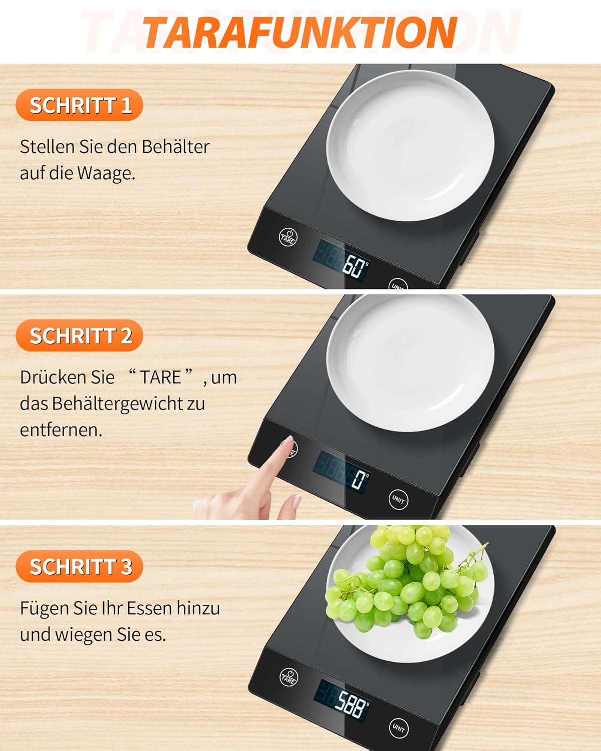 Digitale Küchenwaage K211H mit LCD-Display und Tara-Funktion, Glas Grau
