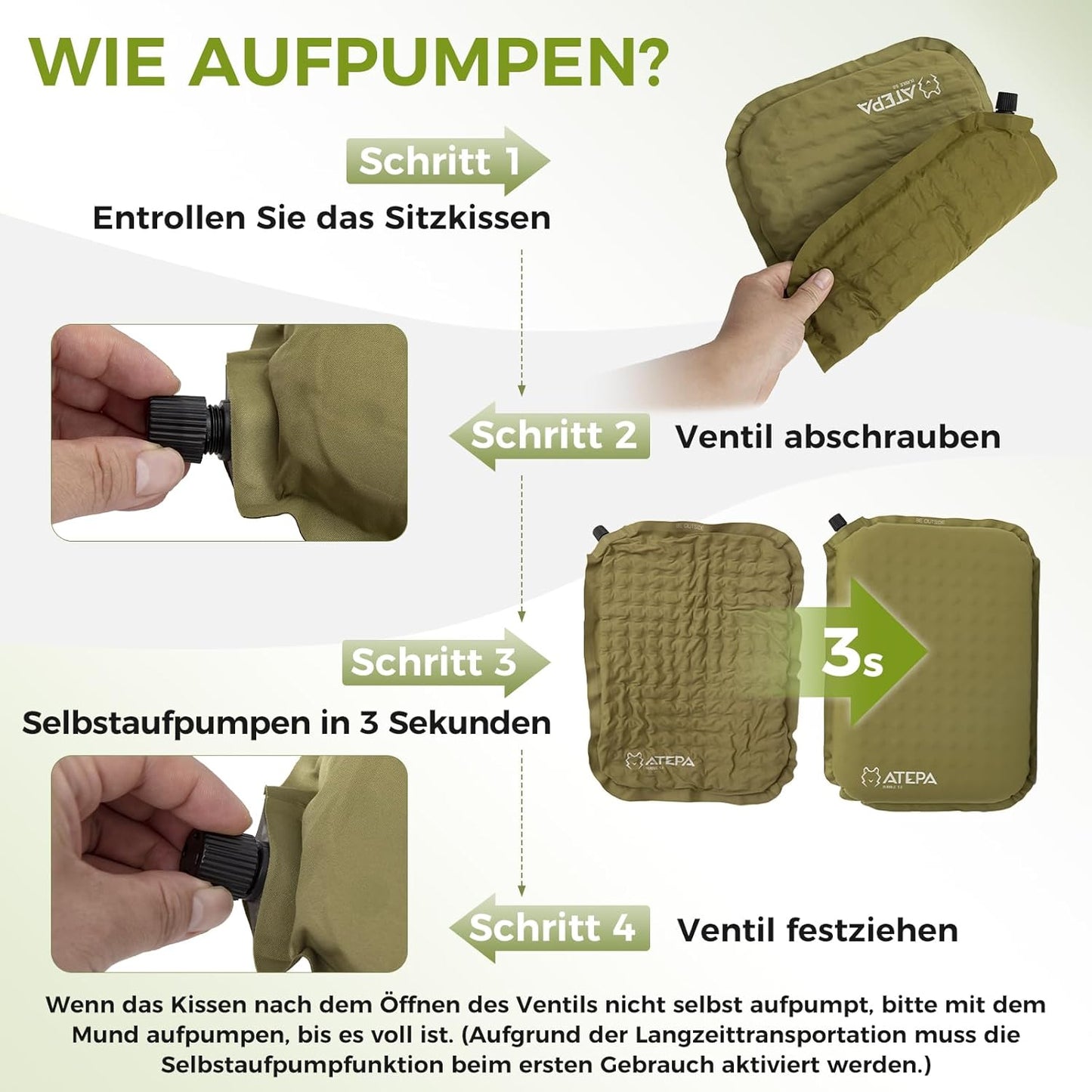 Aufblasbares Sitzkissen, Oliv 1er Pack 38 x 28 x 5 cm