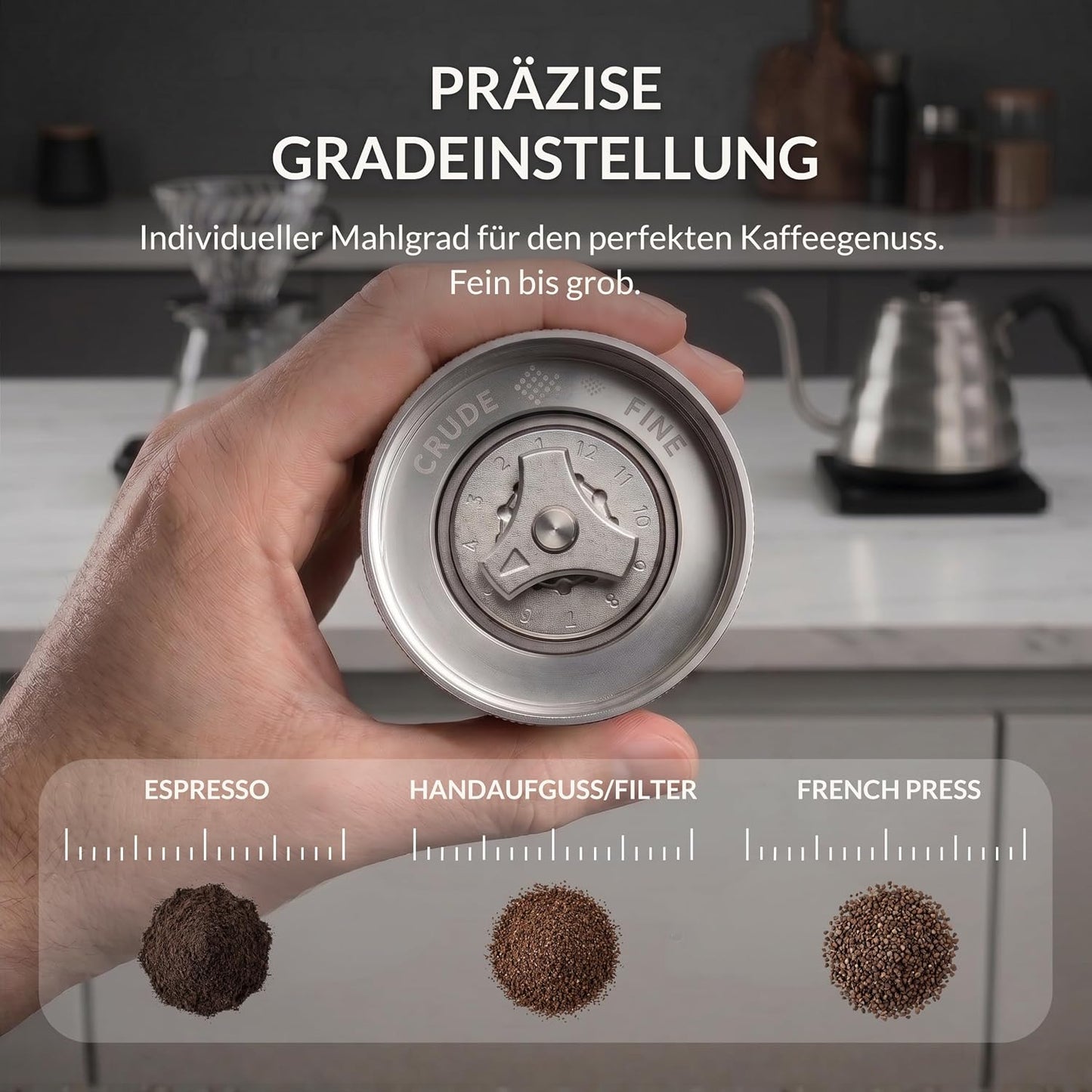 Handkaffeemühle mit Kegelmahlwerk, Walnussgriff