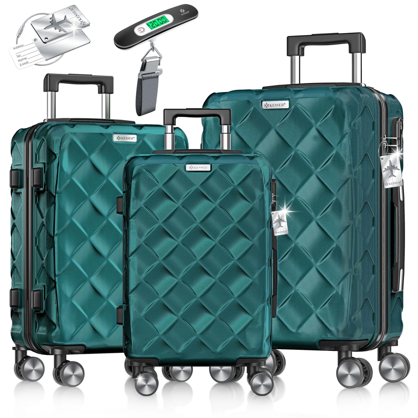 Reisekoffer-Set (3-teilig) mit Zahlenschloss & Zubehör, Petrol Teal