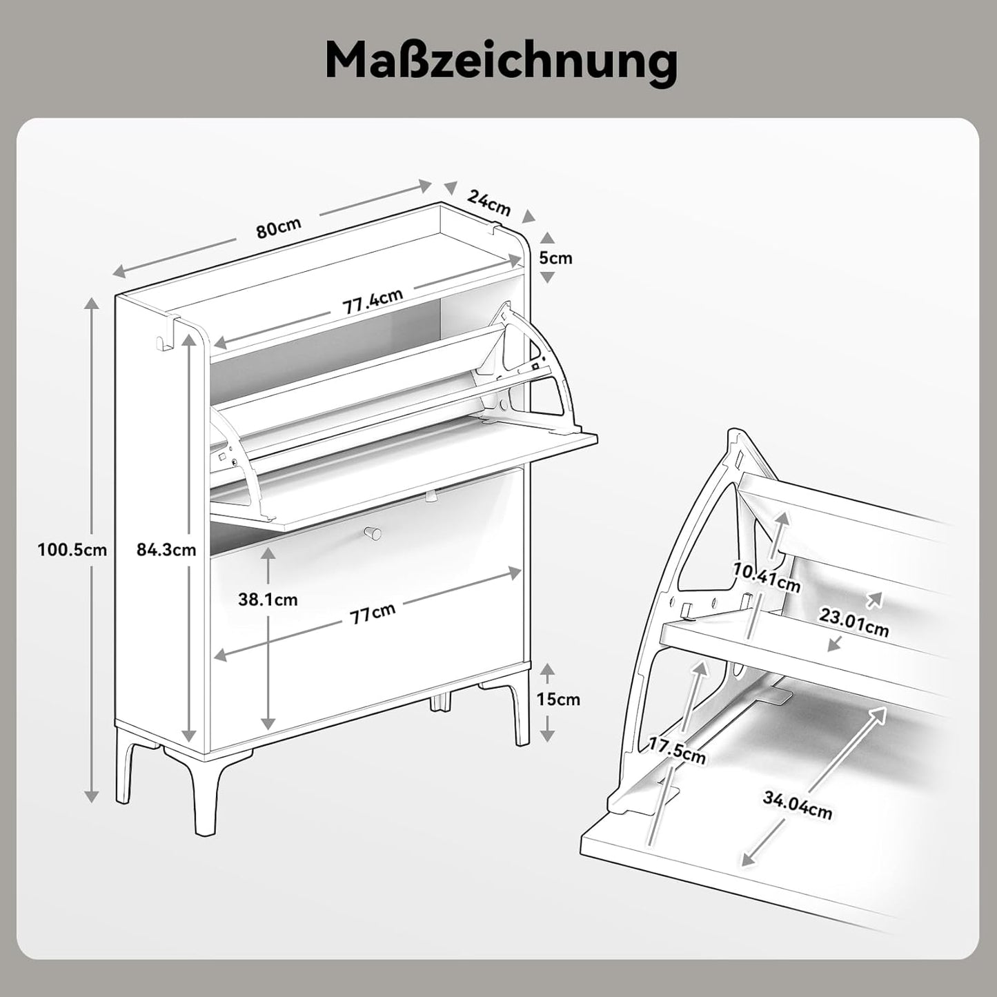Schuhkipper mit 2 Flip-Schubladen, 80cm Weiß
