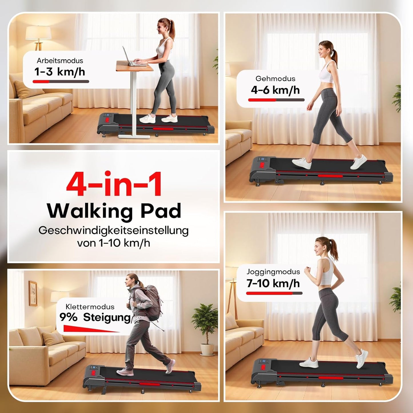Walking Pad mit Steigung und 12 Programmen, Schwarz Rot