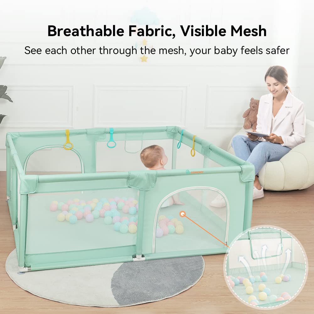 Laufstall Baby XXL mit Schutzgitter und Spielzubehör, Dunkelgrün 180x200x66cm