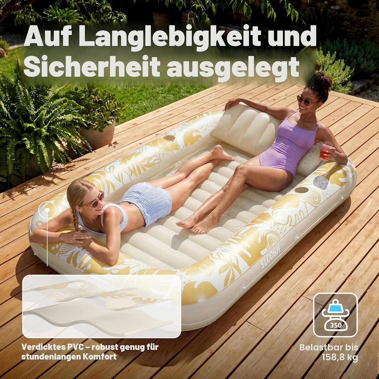 Aufblasbarer 4-in-1 Sonnenliegepool mit Kissen und Getränkehalter, Gold Weiss XL
