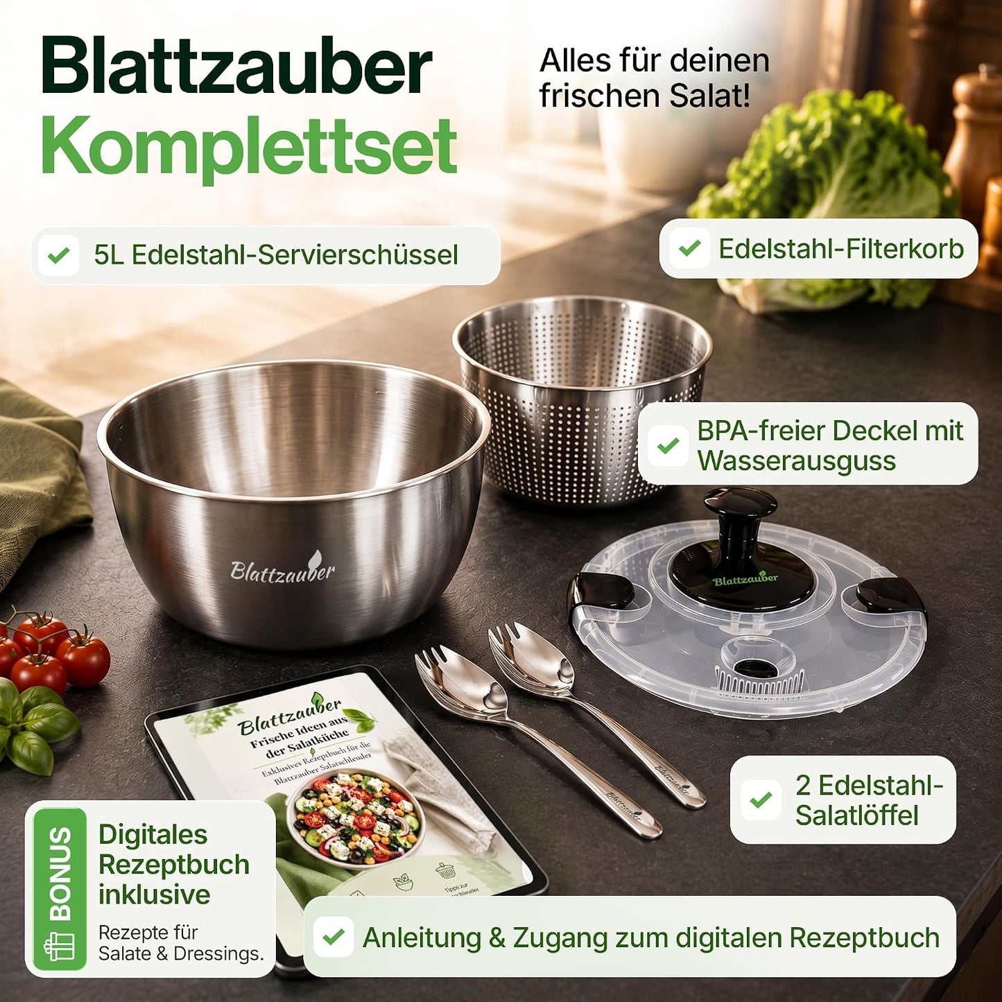 Salatschleuder mit 2 Löffeln
