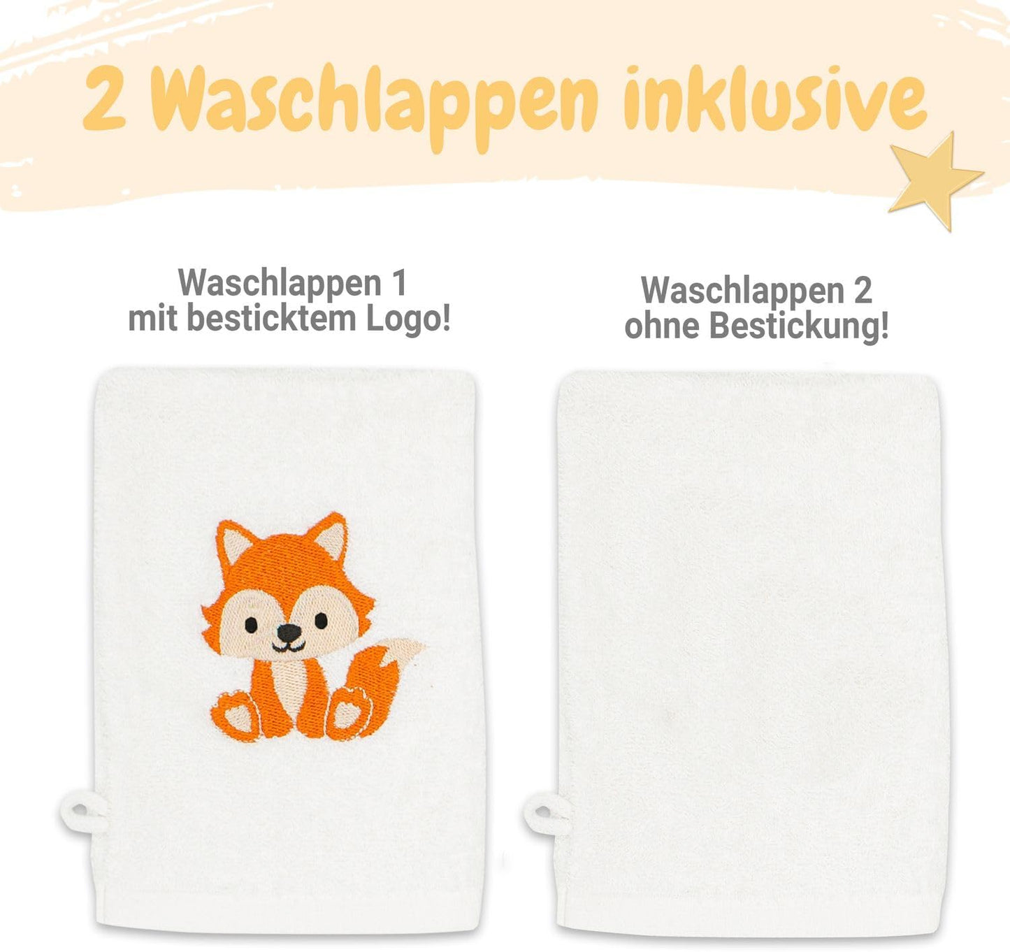 3-teiliges Baby Kapuzenhandtuch-Set mit Waschlappen, Fuchs-Motiv, 100 x 100 cm, Fuchs Weiß 100 x 100