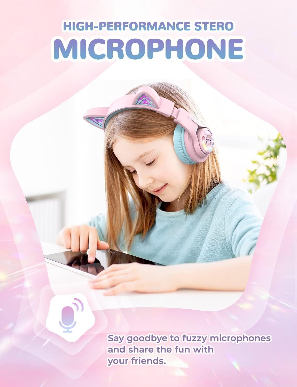Bluetooth-Kinderkopfhörer mit LED-Katzenohren, Rosa