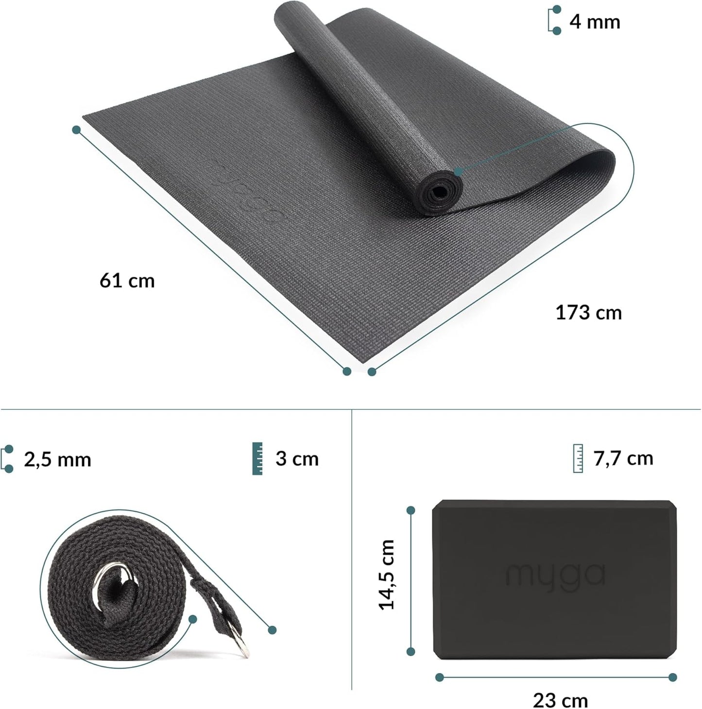 Yoga-Starter-Set mit Matte, Blöcken & Gurt, Schwarz