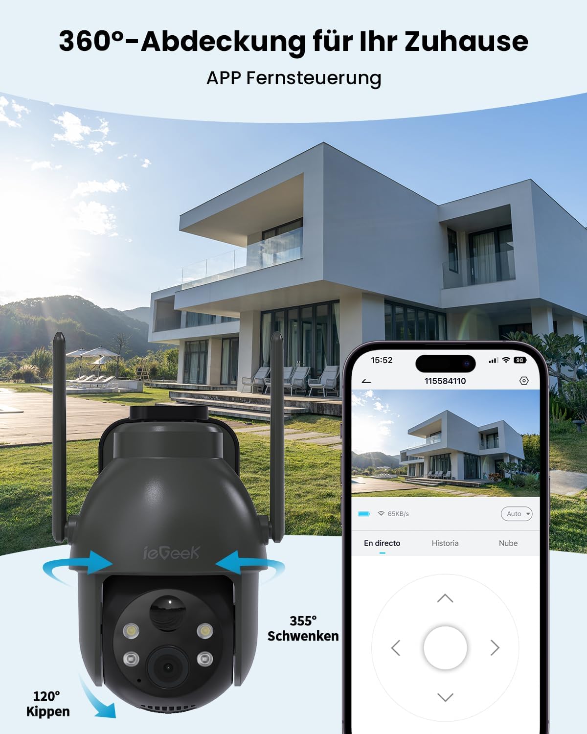2K 3MP HD Solar-Überwachungskamera, 360° PTZ, 2 Stück, Schwarze 2