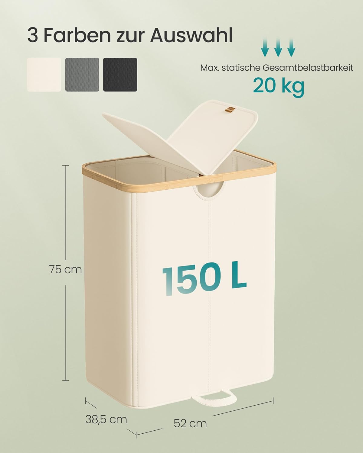 Wäschesortierer mit 2 Fächern, 150 Liter, Cremeweiss + Naturbeige
