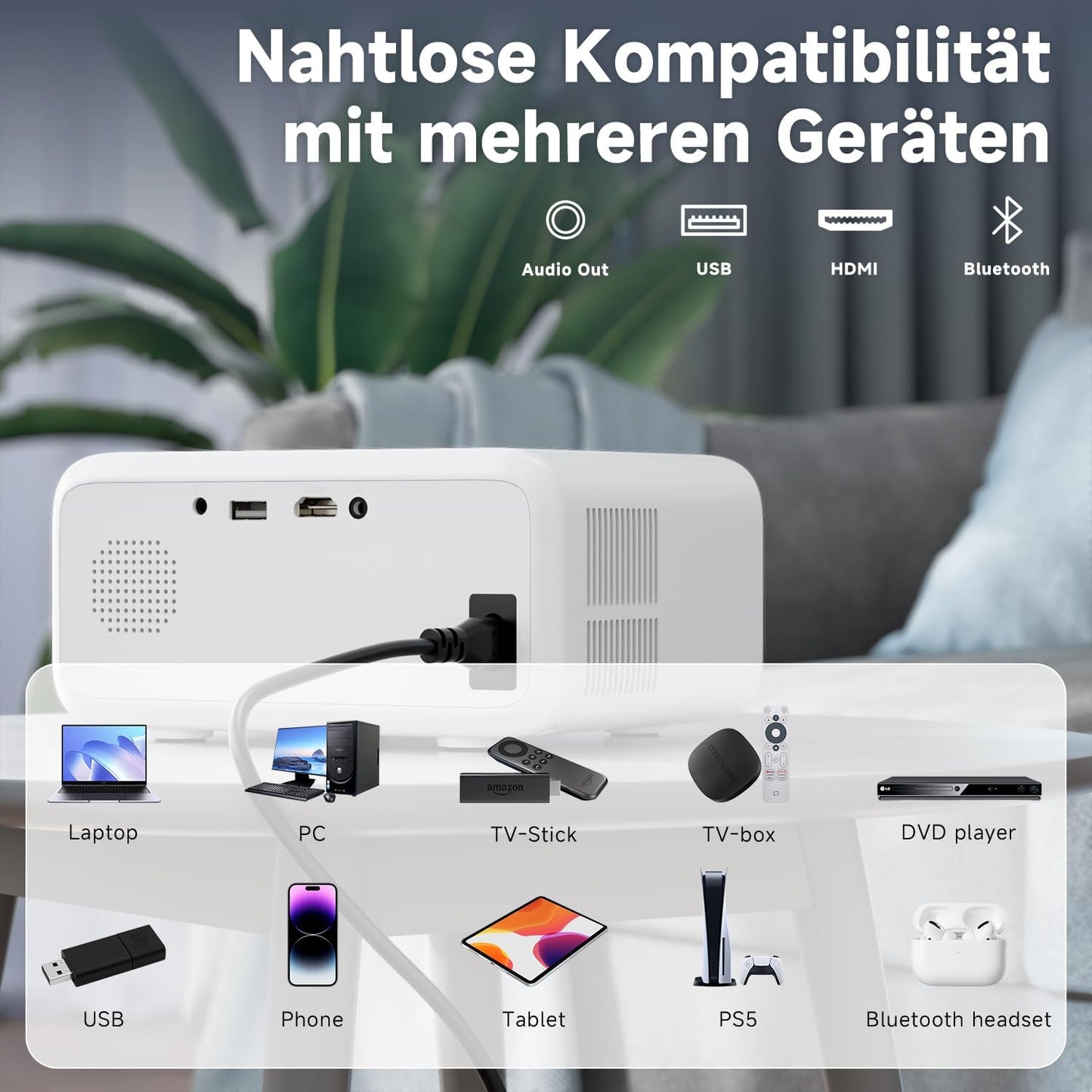 Mini Beamer V3Pro mit 5G WiFi und 1080P Unterstützung, white V3P