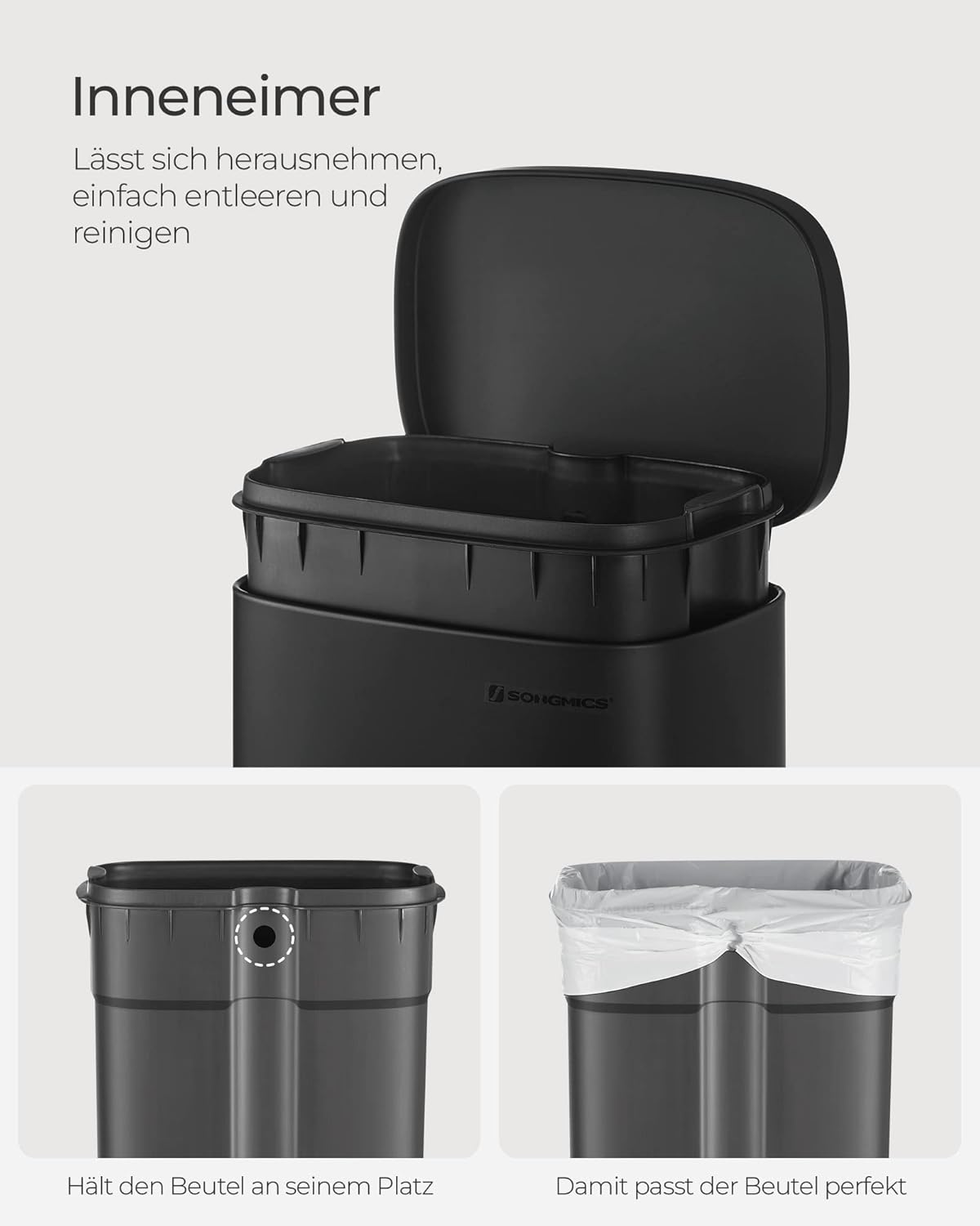 Mülleimer mit Softclose und Fusspedal, 30 Liter, Schwarz