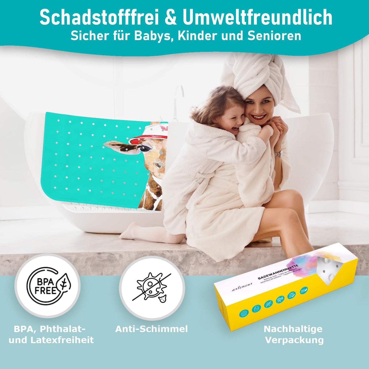 Rutschfeste Badewannenmatte, 100x40 cm, Badewannenmatte Giraffe