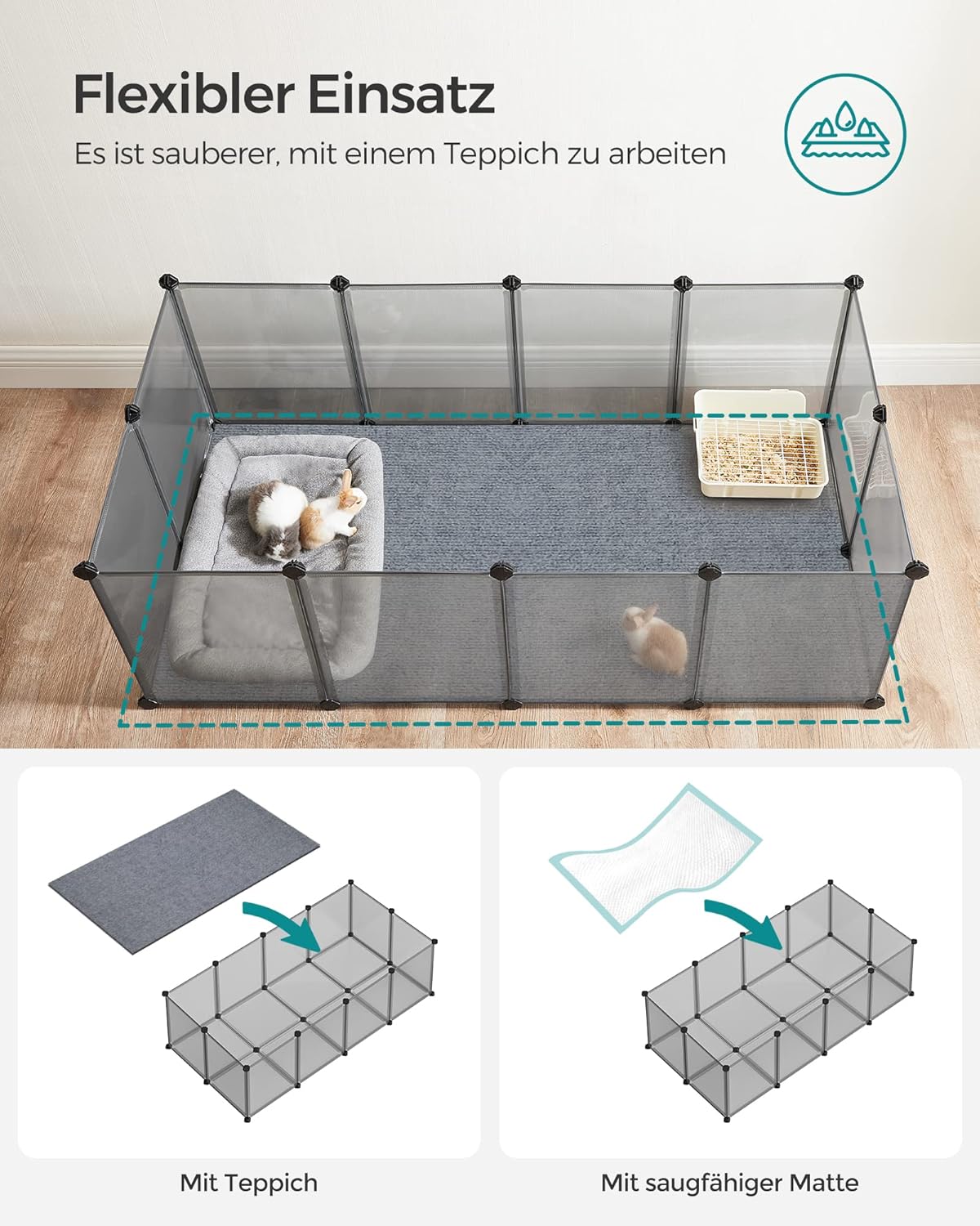 Freigehege mit Bodenplatten für Kleintiere, 143L x 73B x 46H cm Grau