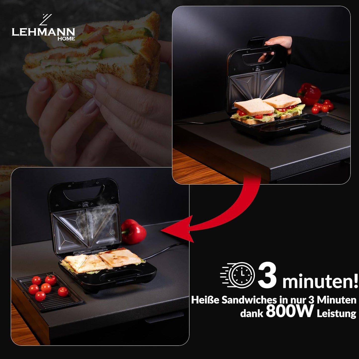 3-in-1 Sandwichmaker mit austauschbaren Platten