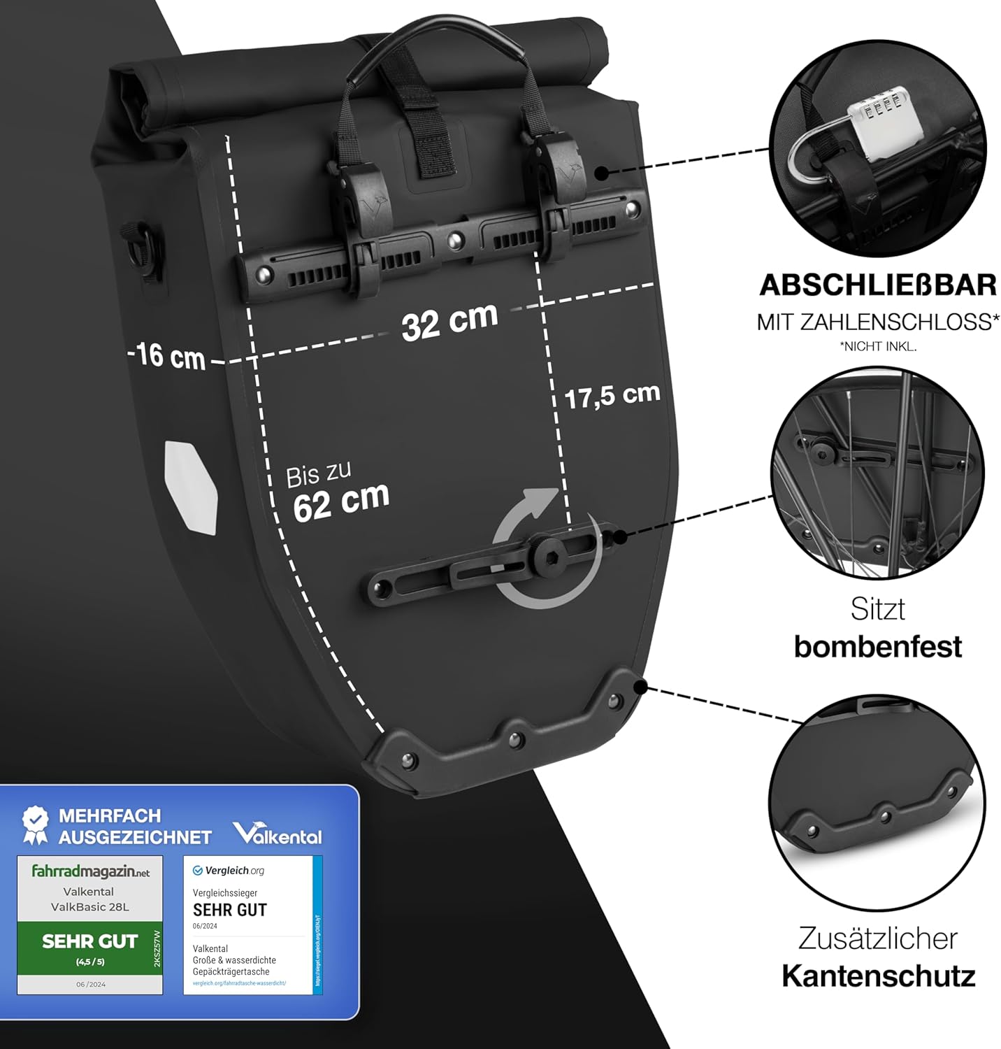 Velo Gepäckträgertasche wasserdicht, Schwarz 28L