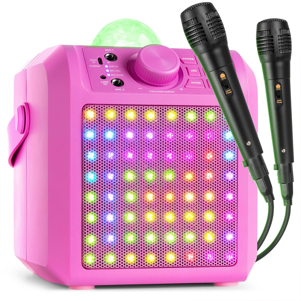 Karaoke-Musikbox mit Mikrofonen und LED-Licht, Pink + Disco Kugel