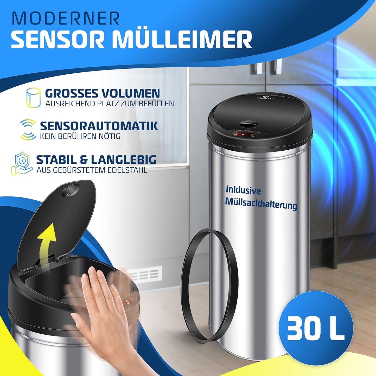 Sensor Abfalleimer mit Automatik-Funktion, 30 Liter Silber