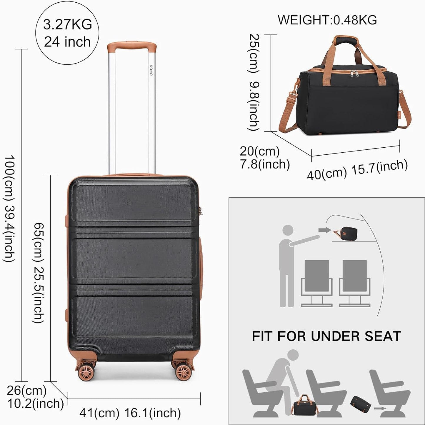 Reisekoffer-Set mit Ryanair-Tasche, Schwarz/Braun 65cm Gepäck-Sets